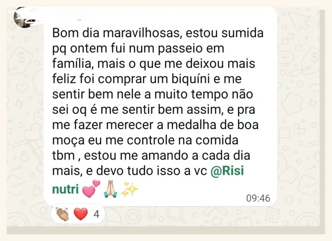 Mensagem de participante sobre comprar um biquíni, sentir-se bem e agradecer à Risilene.